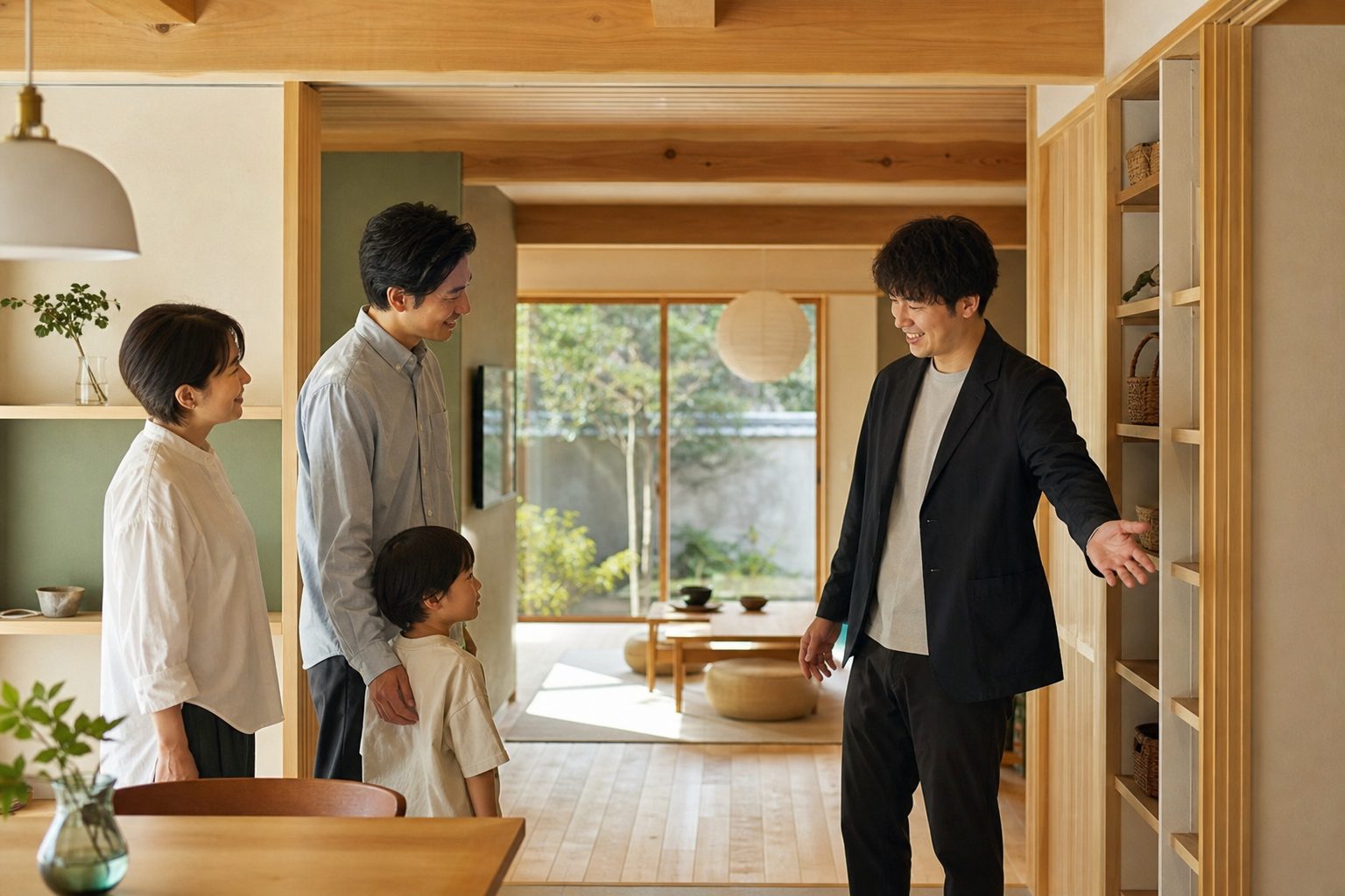完成見学会で家族がリビングを見学する様子