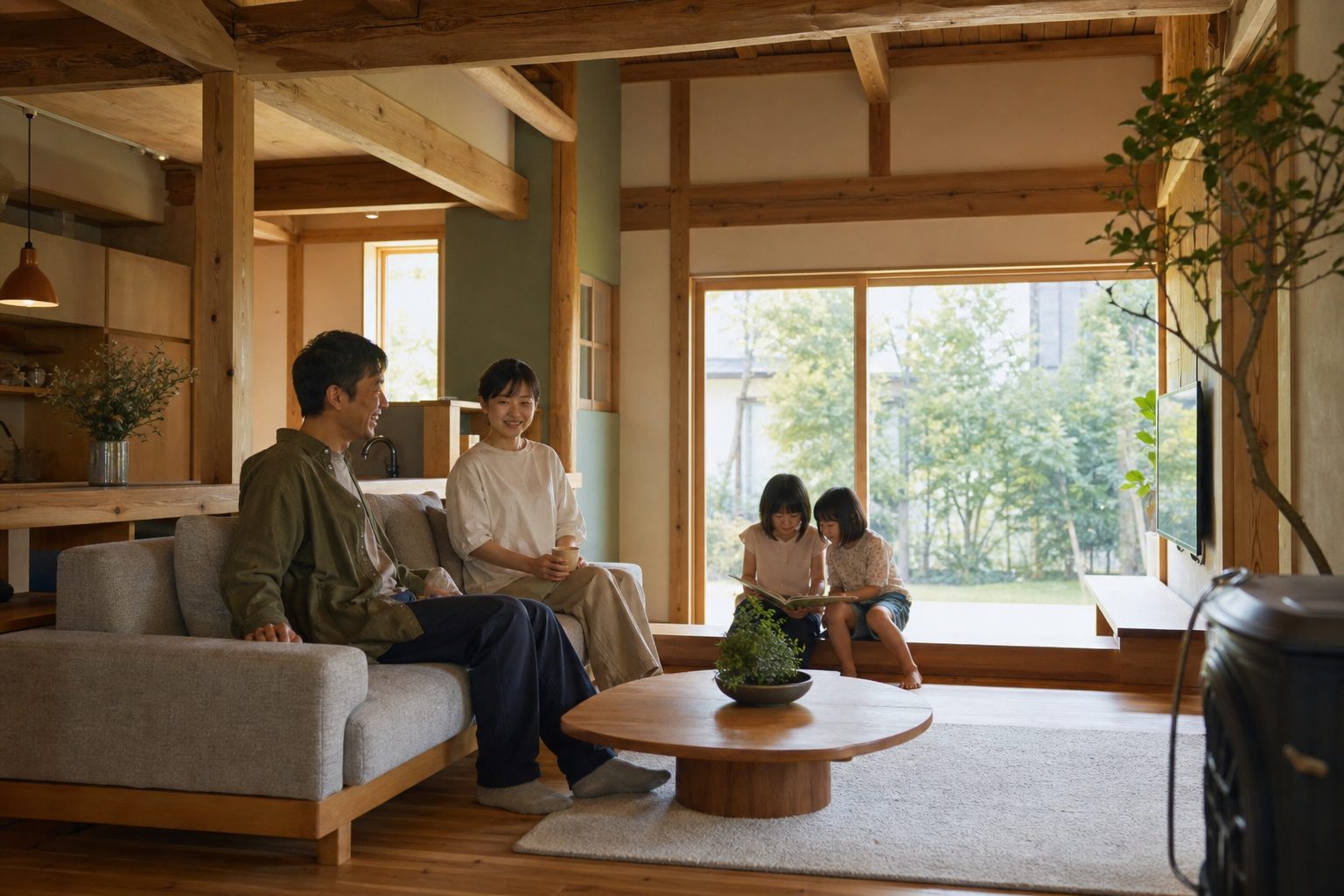自然素材の家で家族がくつろぐリビング