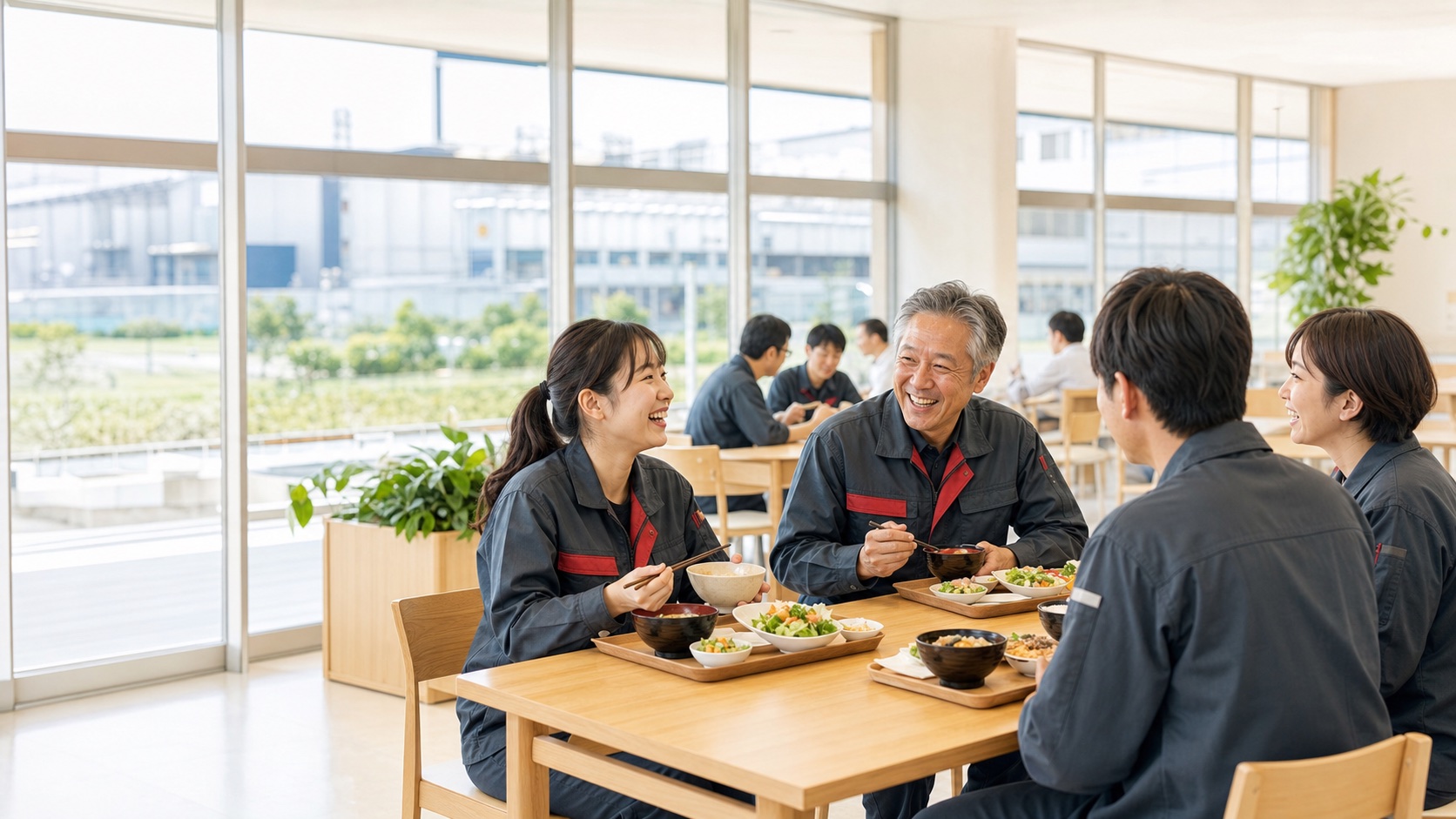 社員食堂で昼食をとる社員
