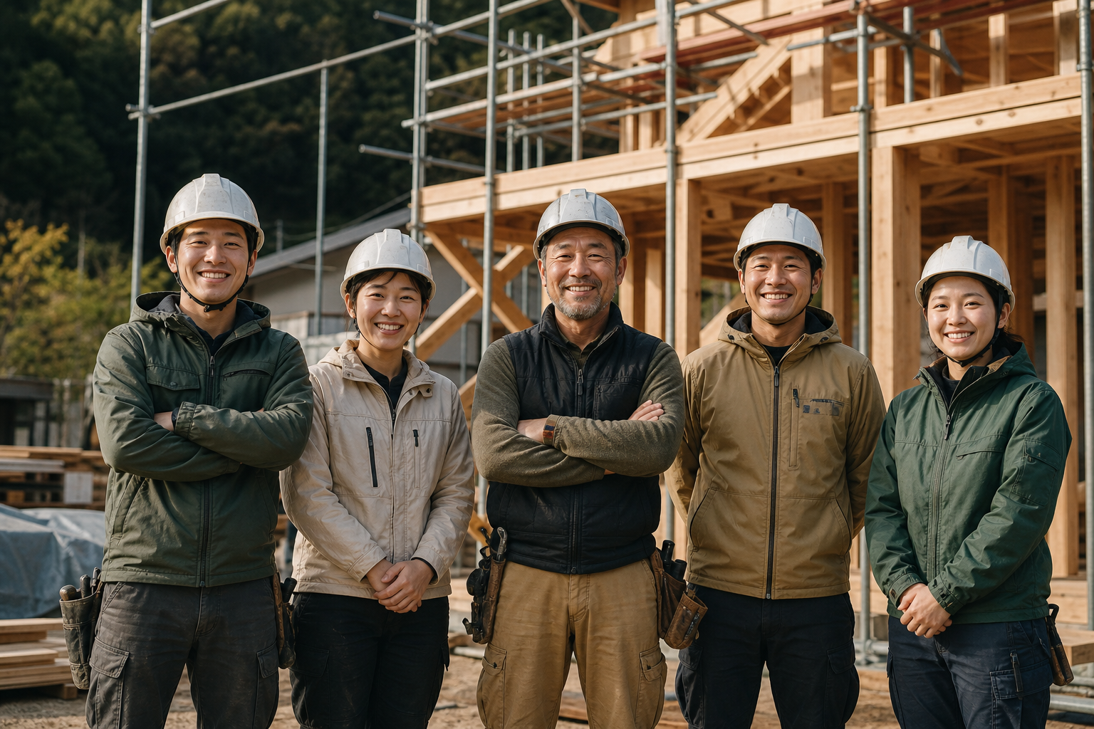 木造住宅の現場に集まる工務店スタッフ