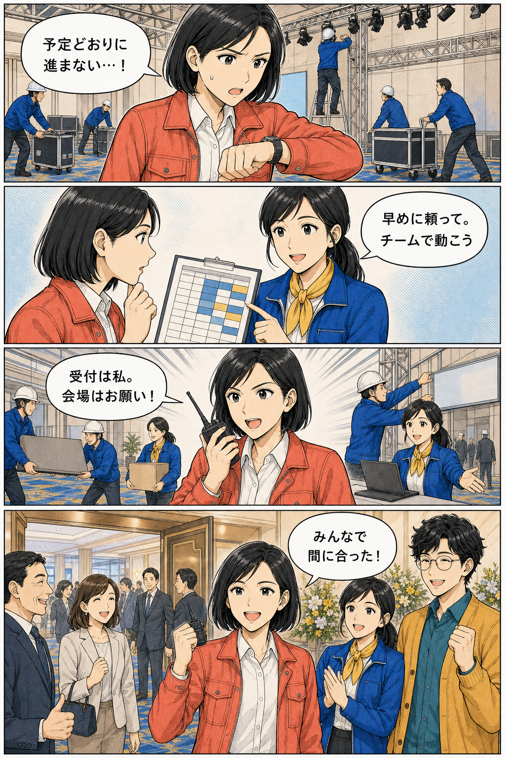 藤本彩がチームに頼りイベントを成功させるまでの4コマ漫画