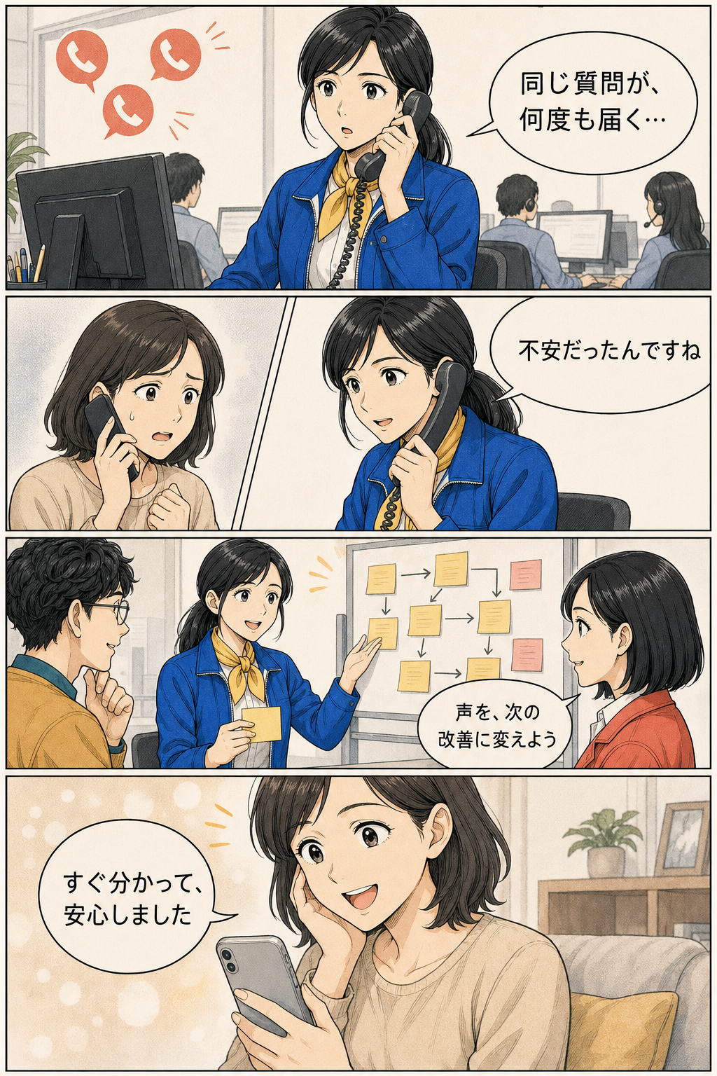 朝倉ミオがお客様の声を次の改善へ変える4コマ漫画