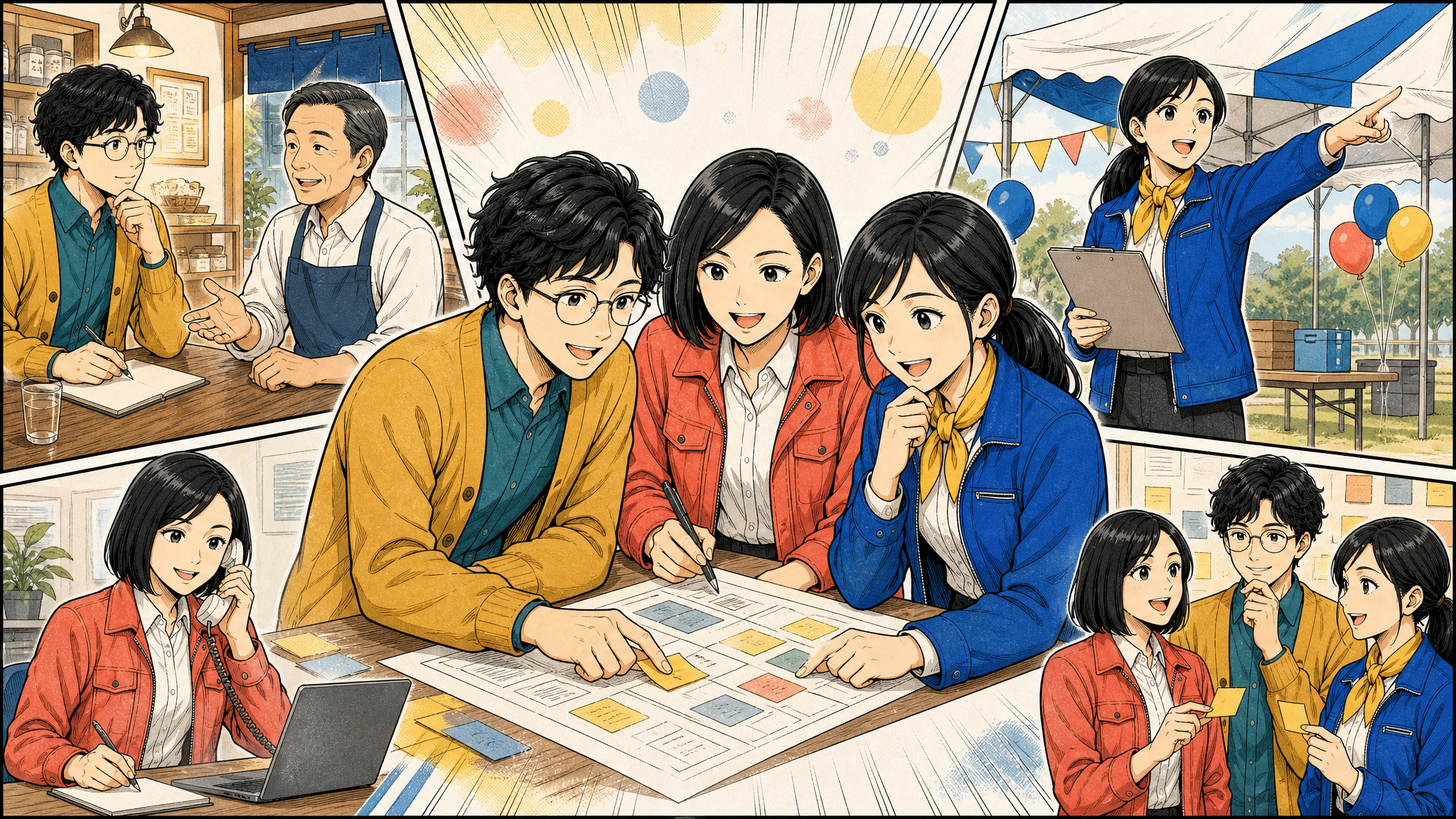 地域のお店やイベント、オフィスで働く3人の社員を描いた漫画