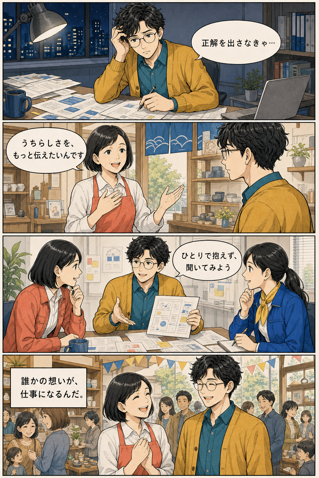 企画営業の社員が相手の声から仕事の意味を見つける4コマ漫画