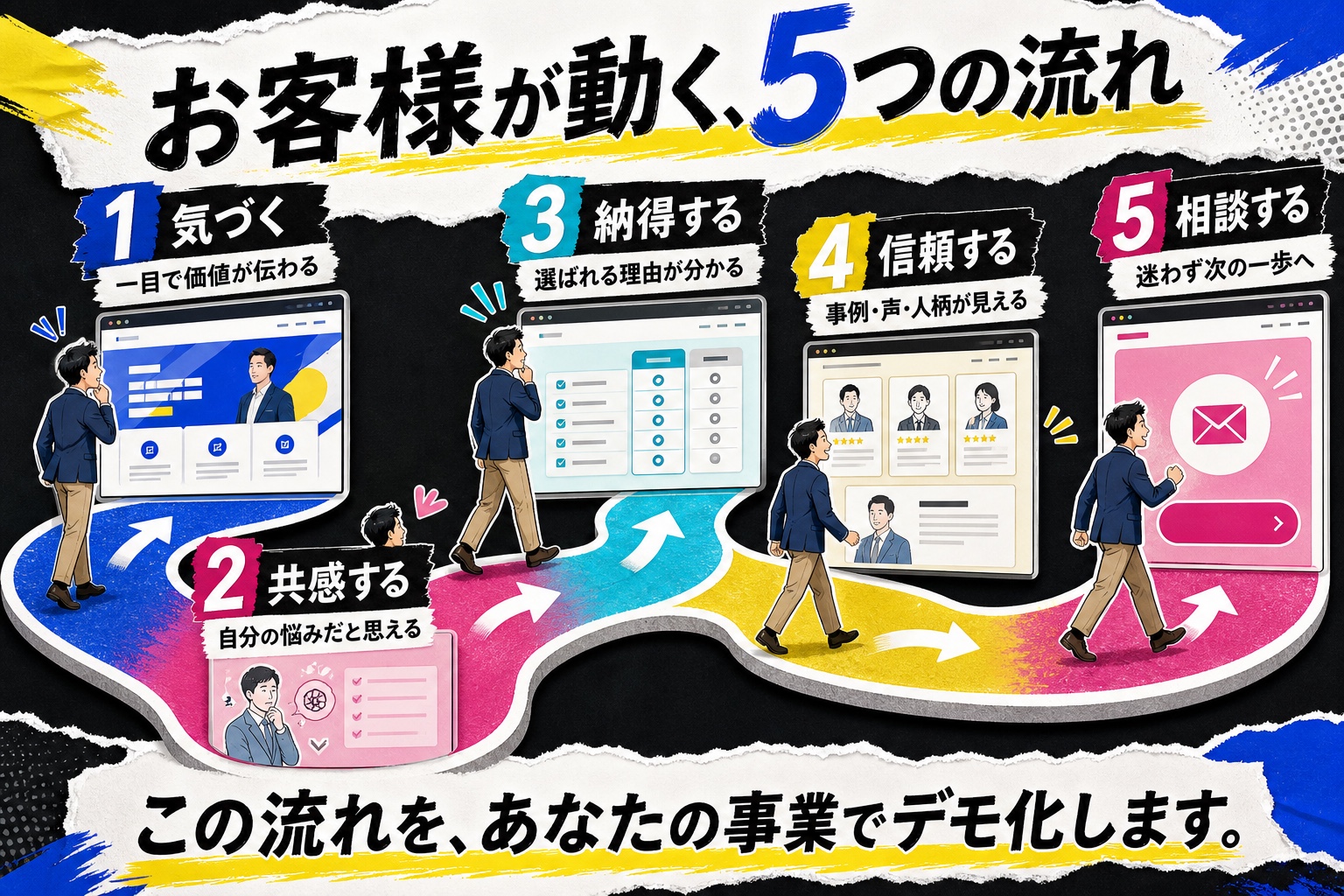 お客様がホームページで価値に気づき、共感し、納得し、信頼し、相談するまでの5つの流れ