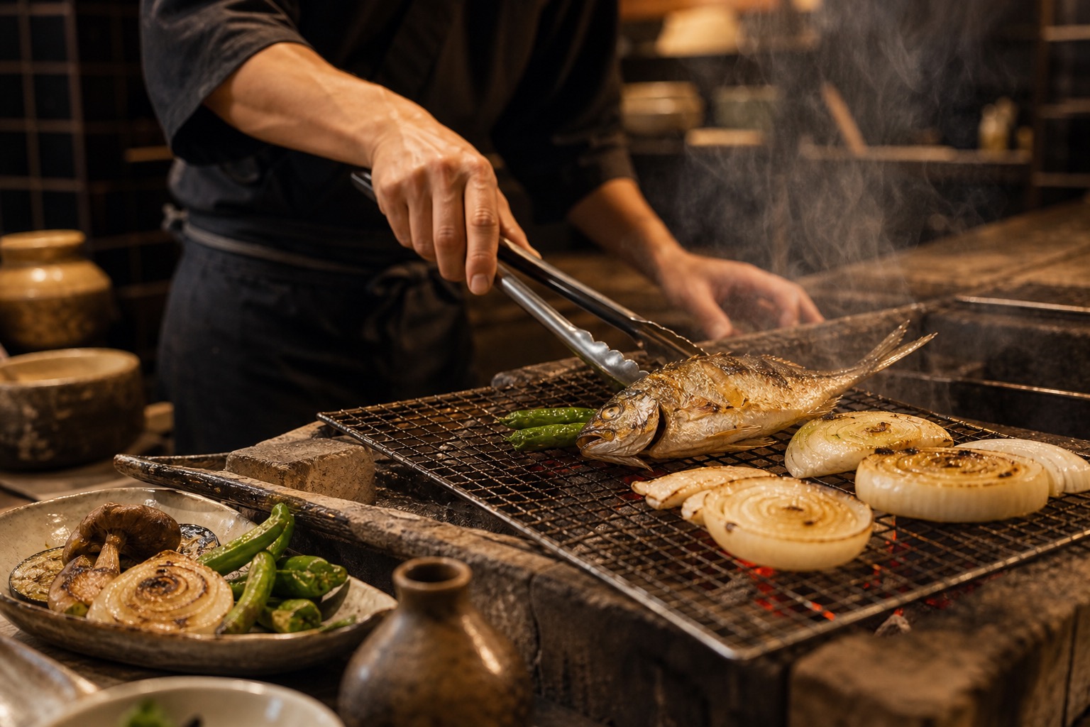 炭火で魚と野菜を焼く様子
