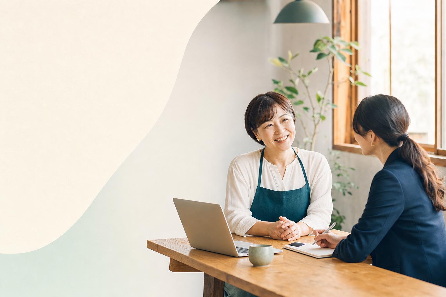 店舗経営者とAIインタビューライターが対話する様子