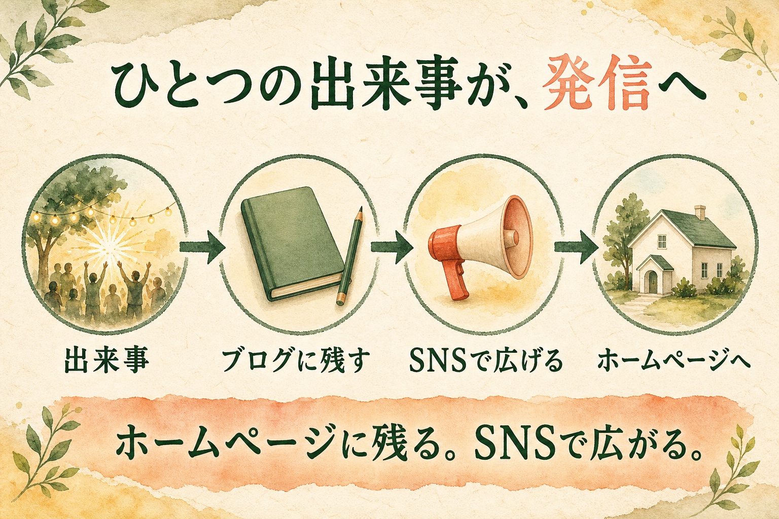 同じ発信の流れを、あたたかい水彩と紙もののタッチで表した図解見本
