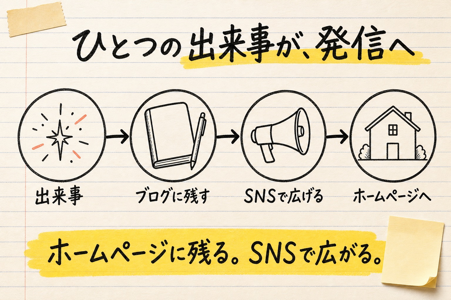 同じ発信の流れを、罫線ノートとマーカーのタッチで表した図解見本