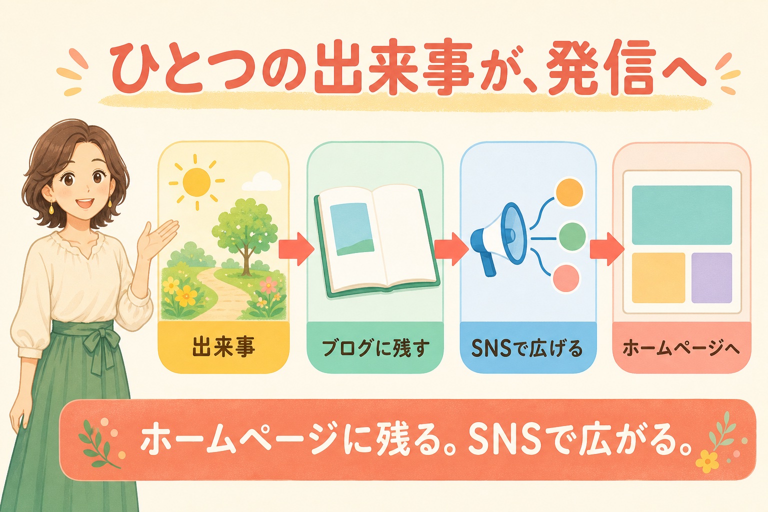 同じ発信の流れを、親しみあるオリジナルキャラクターで表した図解見本