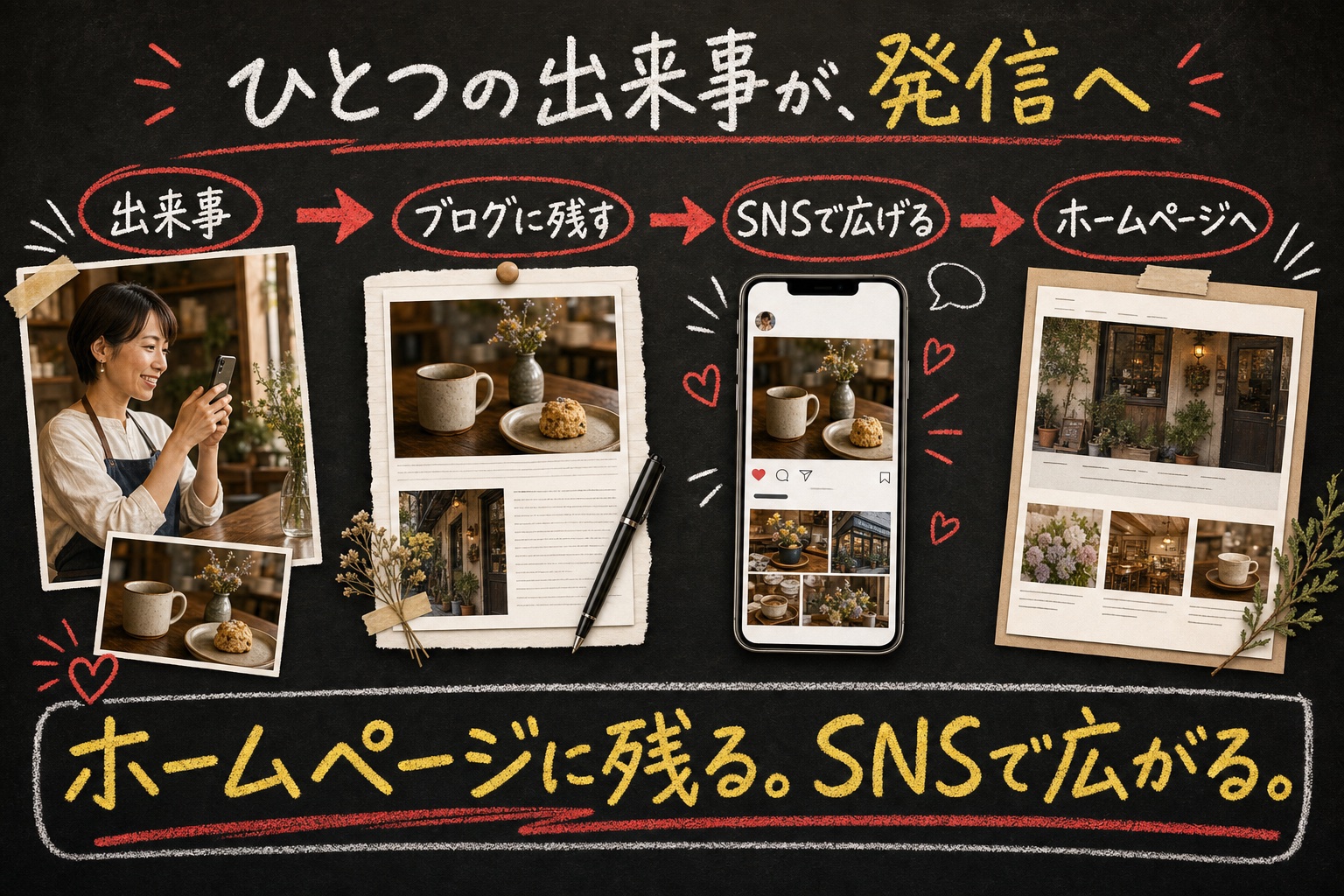 同じ発信の流れを、実写写真とチョークコラージュで表した架空の図解見本