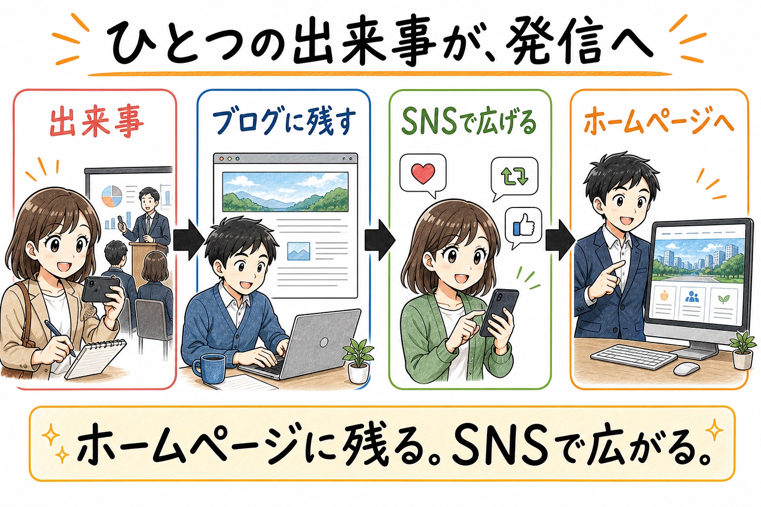 同じ発信の流れを、手描きの漫画人物と色分けした情報パネルで表したビジネス図解見本