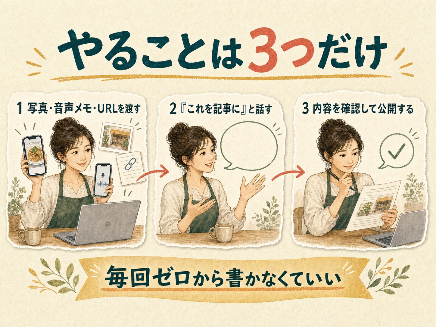 写真や音声メモを渡し、記事にしてと話し、内容を確認して公開する3ステップ