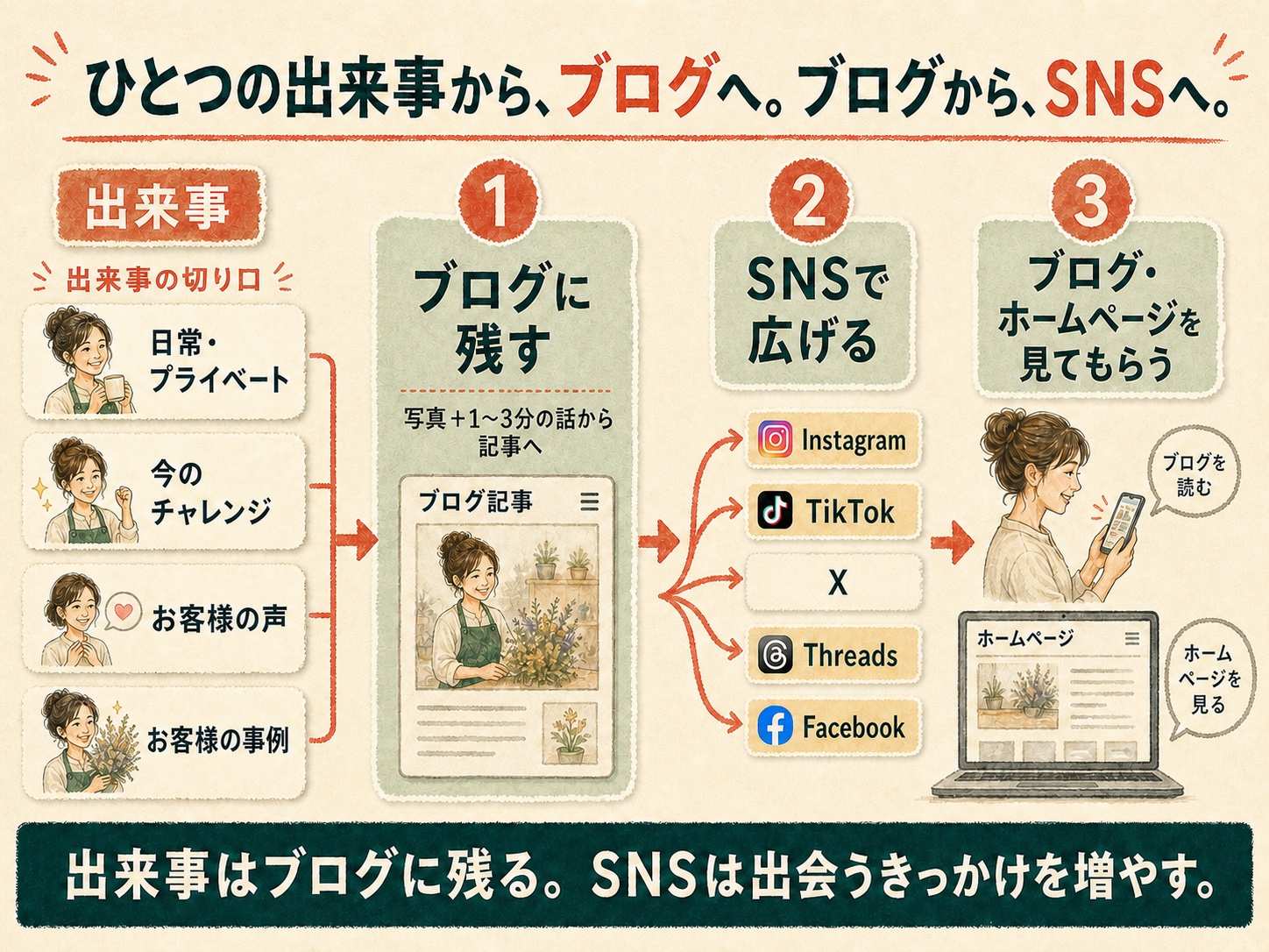 日常、挑戦、お客様の声、事例という出来事の切り口からブログを作り、5つのSNSへ広げ、ブログとホームページを見てもらう流れ