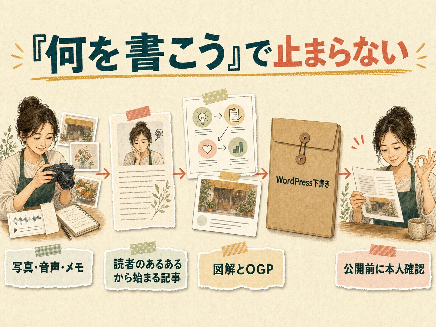 写真、音声、メモから、共感記事、図解、OGP、WordPress下書きを作り本人確認する流れ