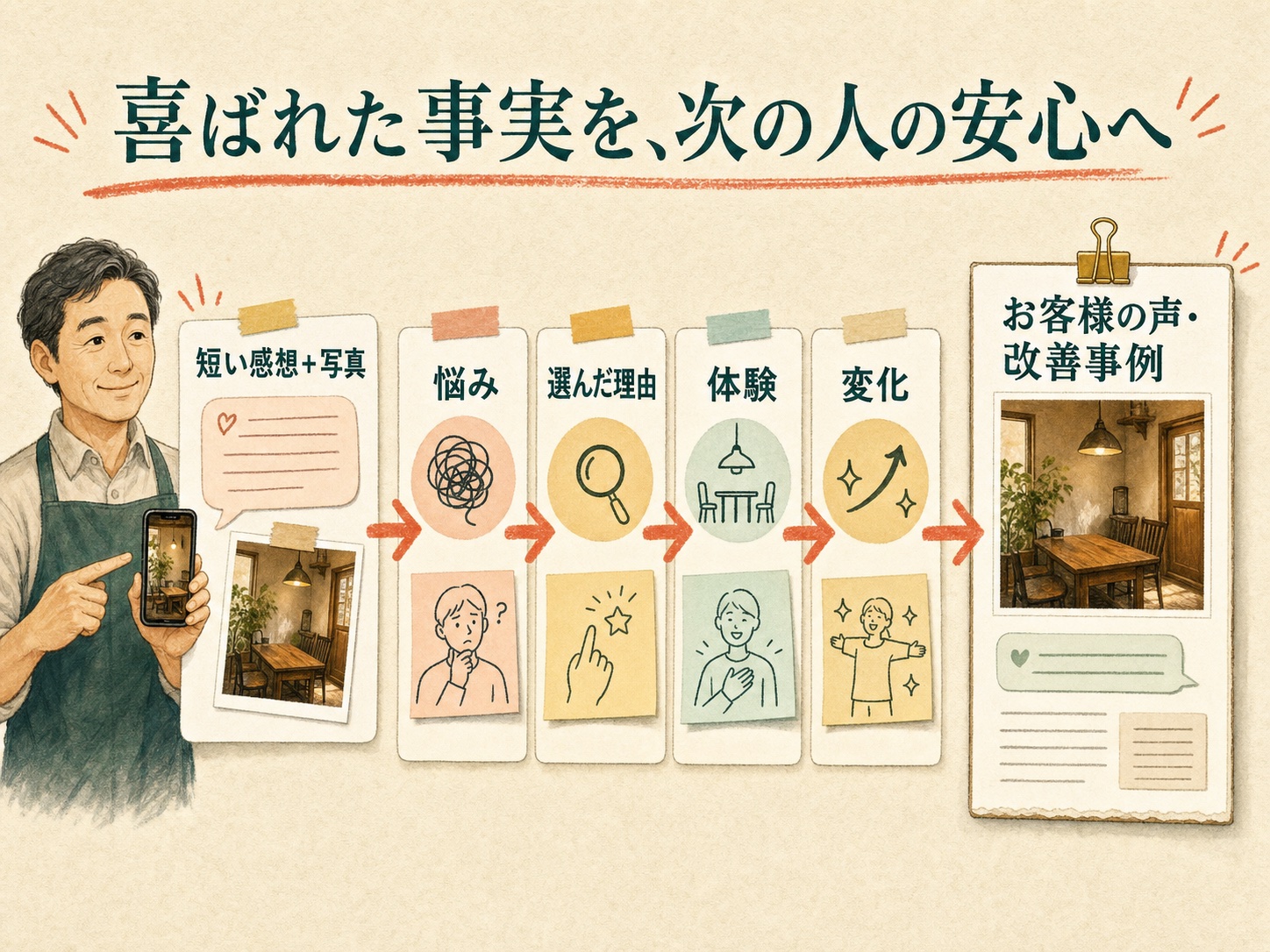 短い感想と写真を、悩み、選んだ理由、体験、変化が伝わるお客様の声や改善事例へ整理する流れ