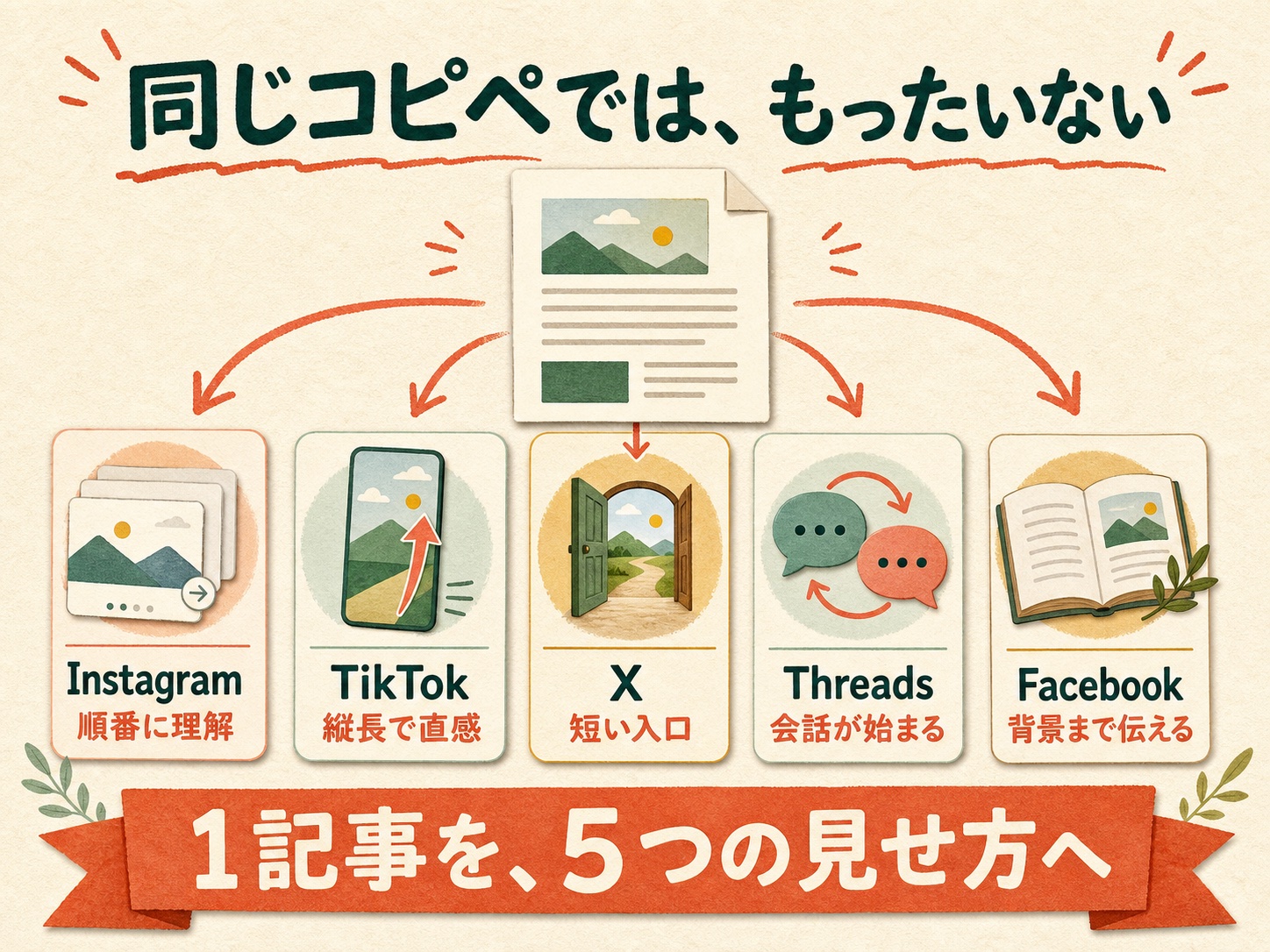 ひとつの記事をInstagram、TikTok、X、Threads、Facebookに合わせて作り分ける図解