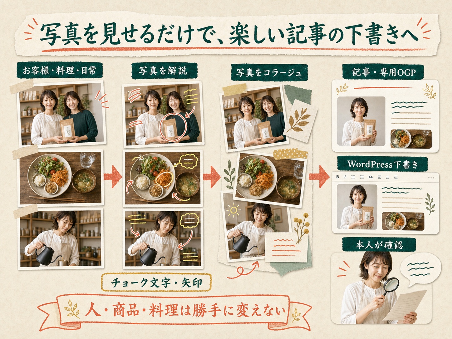 お客様、料理、日常の写真を解説し、チョーク文字と矢印、写真コラージュ、記事、専用OGP、WordPress下書きへつなぎ本人が確認する流れ