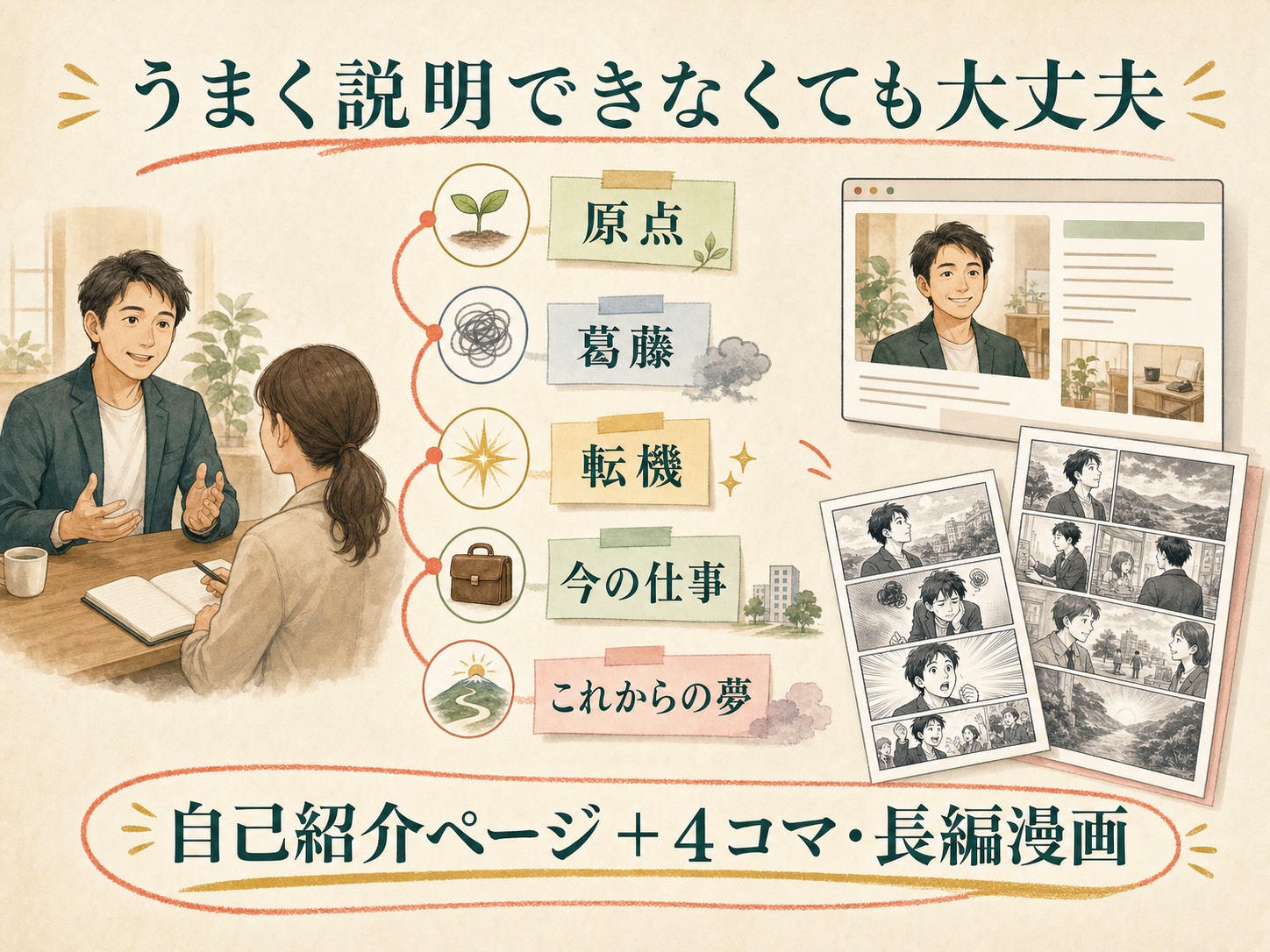 インタビューから原点、葛藤、転機、今の仕事、未来を整理し、自己紹介ページと漫画へ変える図解