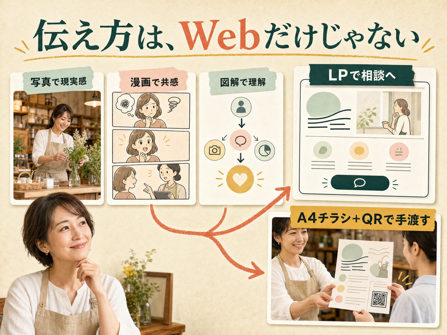 写真、漫画、図解を組み合わせてLPとA4チラシを作り、相談導線へつなぐ図解
