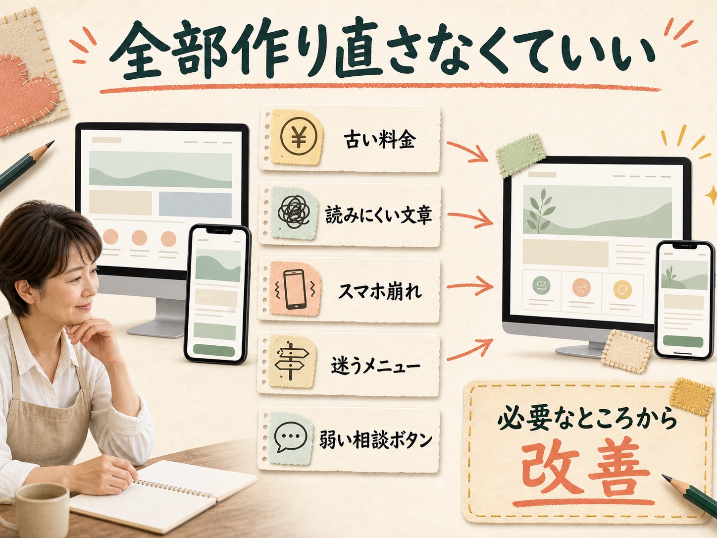 古い料金、読みにくい文章、スマホ崩れ、迷うメニュー、弱い相談ボタンを必要なところから改善する図解