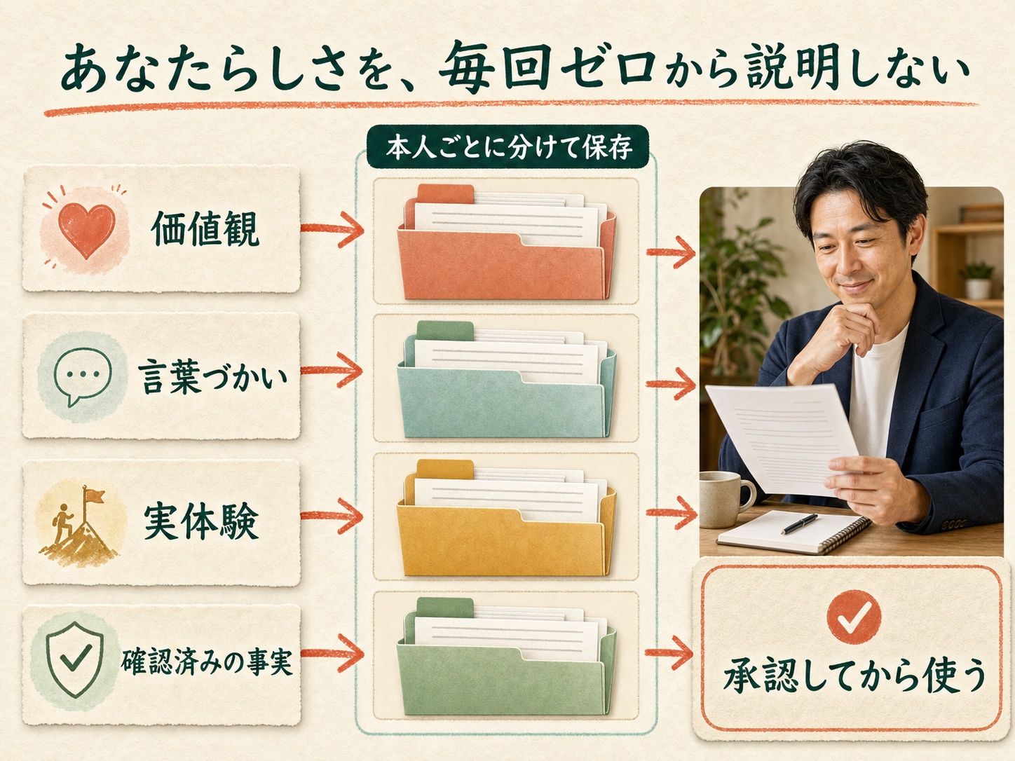 価値観、言葉づかい、実体験、確認済み事実を本人ごとに分け、承認してから使う仕組み