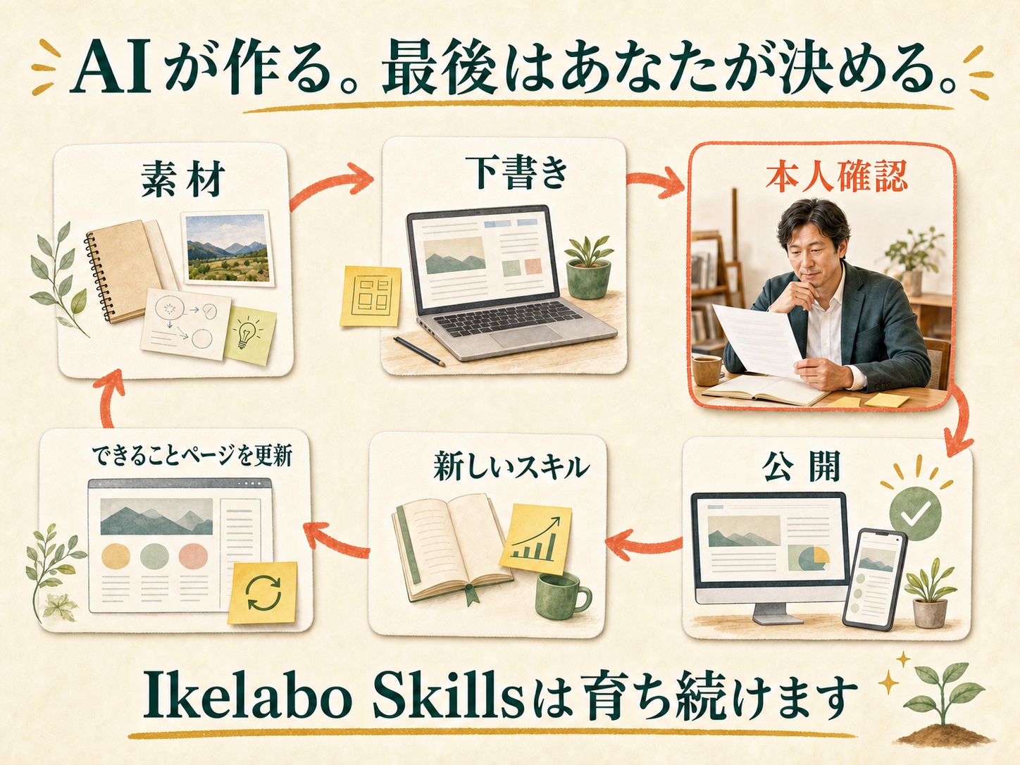 素材から下書き、本人確認、公開へ進み、新しいスキルが増えるたびにできることページも更新する循環