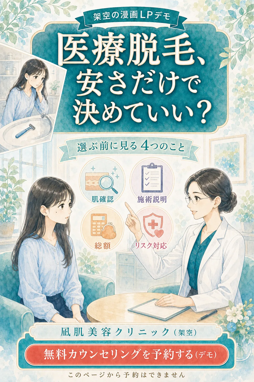医療脱毛を安さだけで決めてよいか問いかける漫画LPデモ
