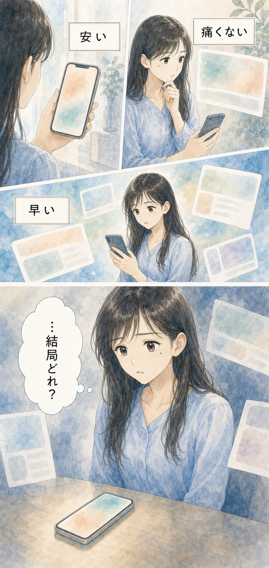 安い、痛くない、早いという情報で迷う主人公