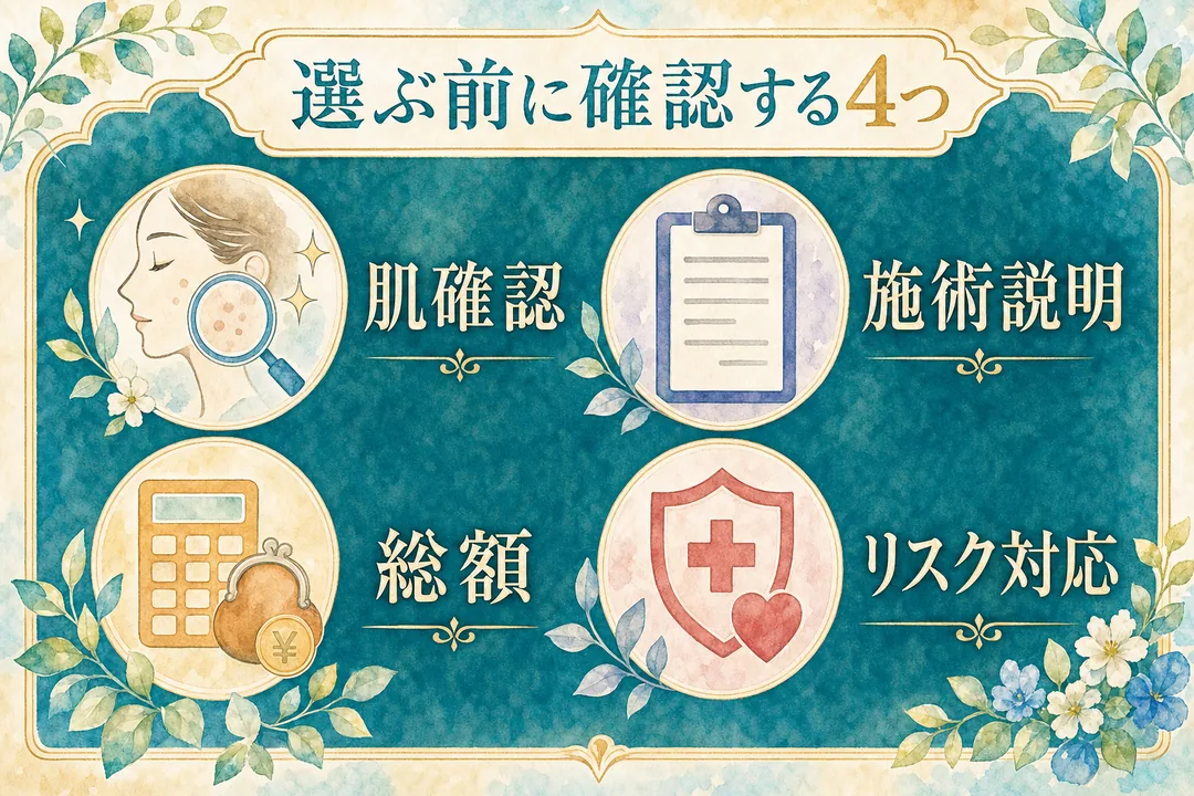 肌確認、施術説明、総額、リスク対応の4項目