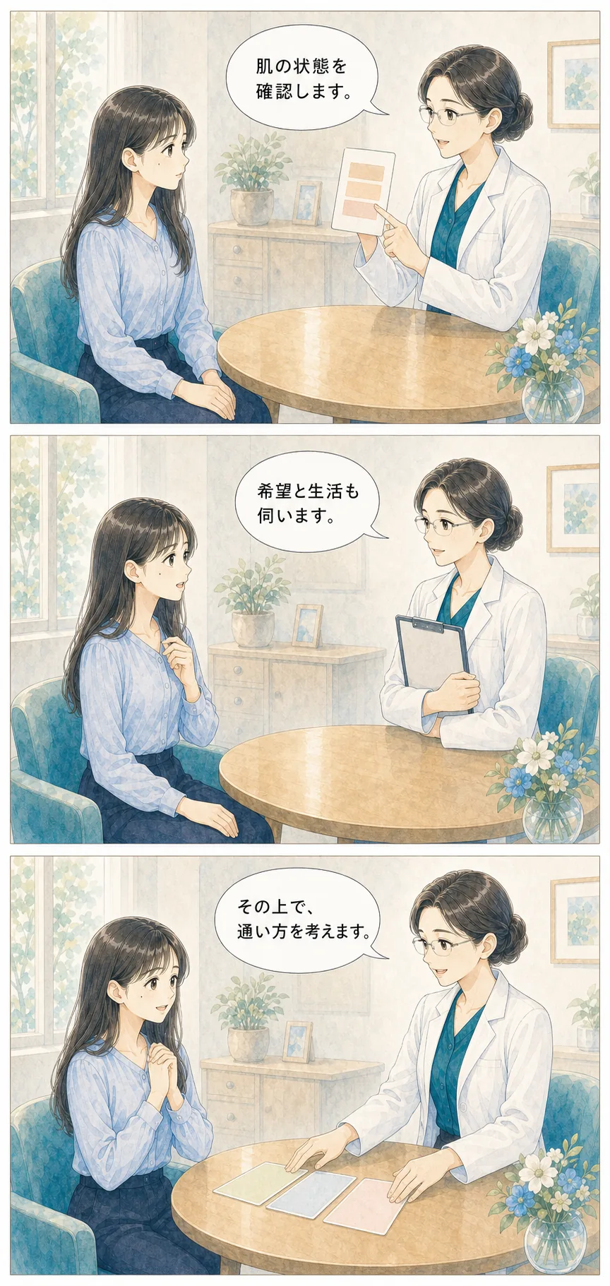 肌状態、希望、生活を確認して通い方を考える相談