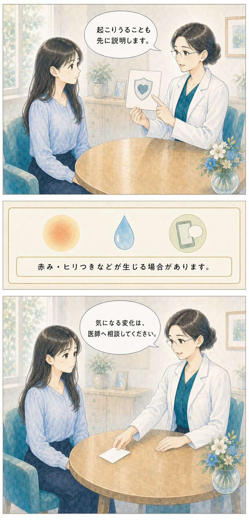 赤みやヒリつきの可能性と医師への相談を説明する漫画