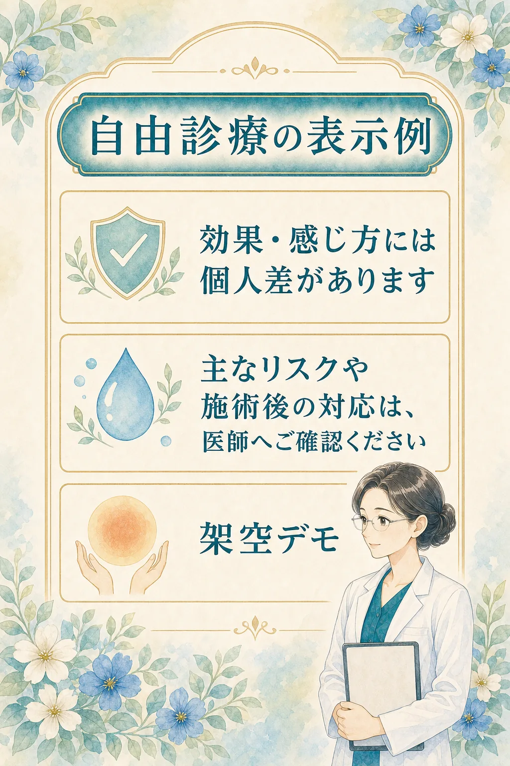 自由診療の個人差とリスク対応についての架空表示例