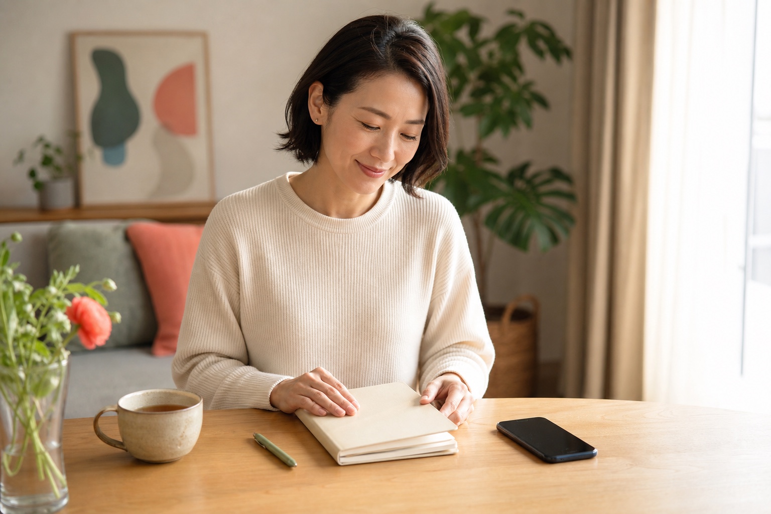 ノートを閉じて落ち着いた表情を見せる女性