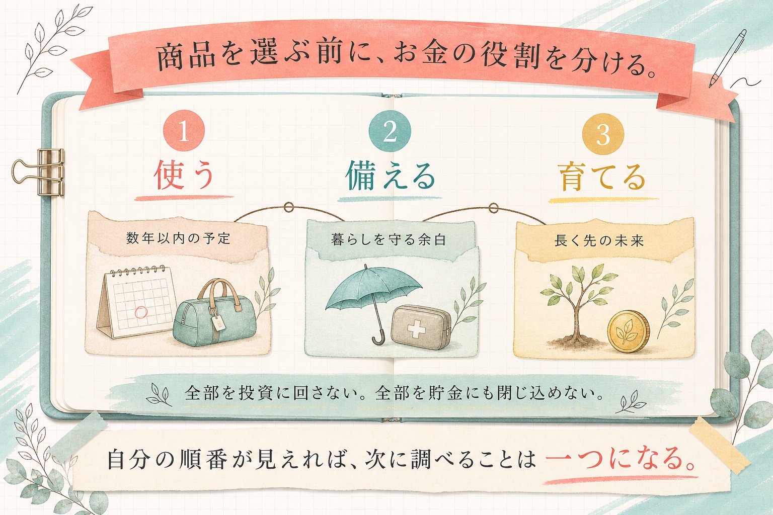 商品を選ぶ前に、お金を使う・備える・育てるの三つの役割へ分ける図