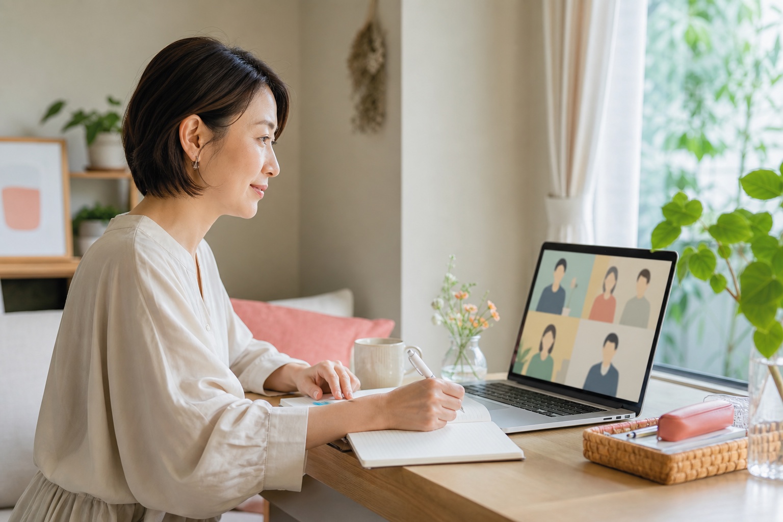 自宅でオンライン整理会に参加しノートを取る女性