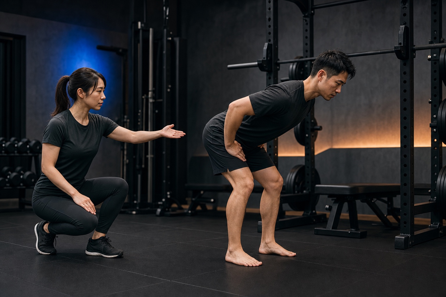 利用者とトレーナーが動作の基準を確認する様子