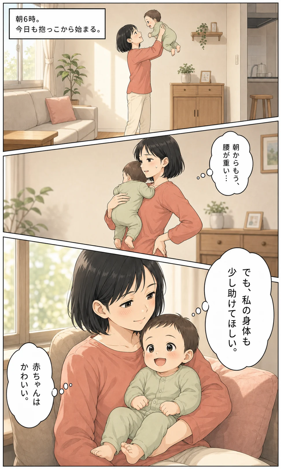抱っこと産後の身体のつらさに共感する漫画