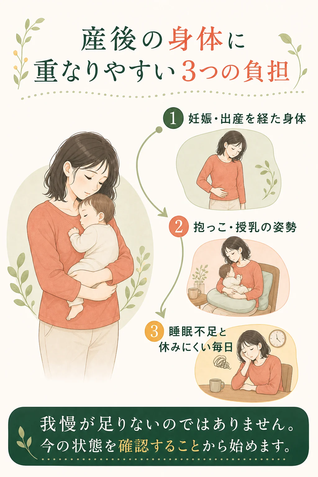 産後の身体に重なりやすい負担の図解