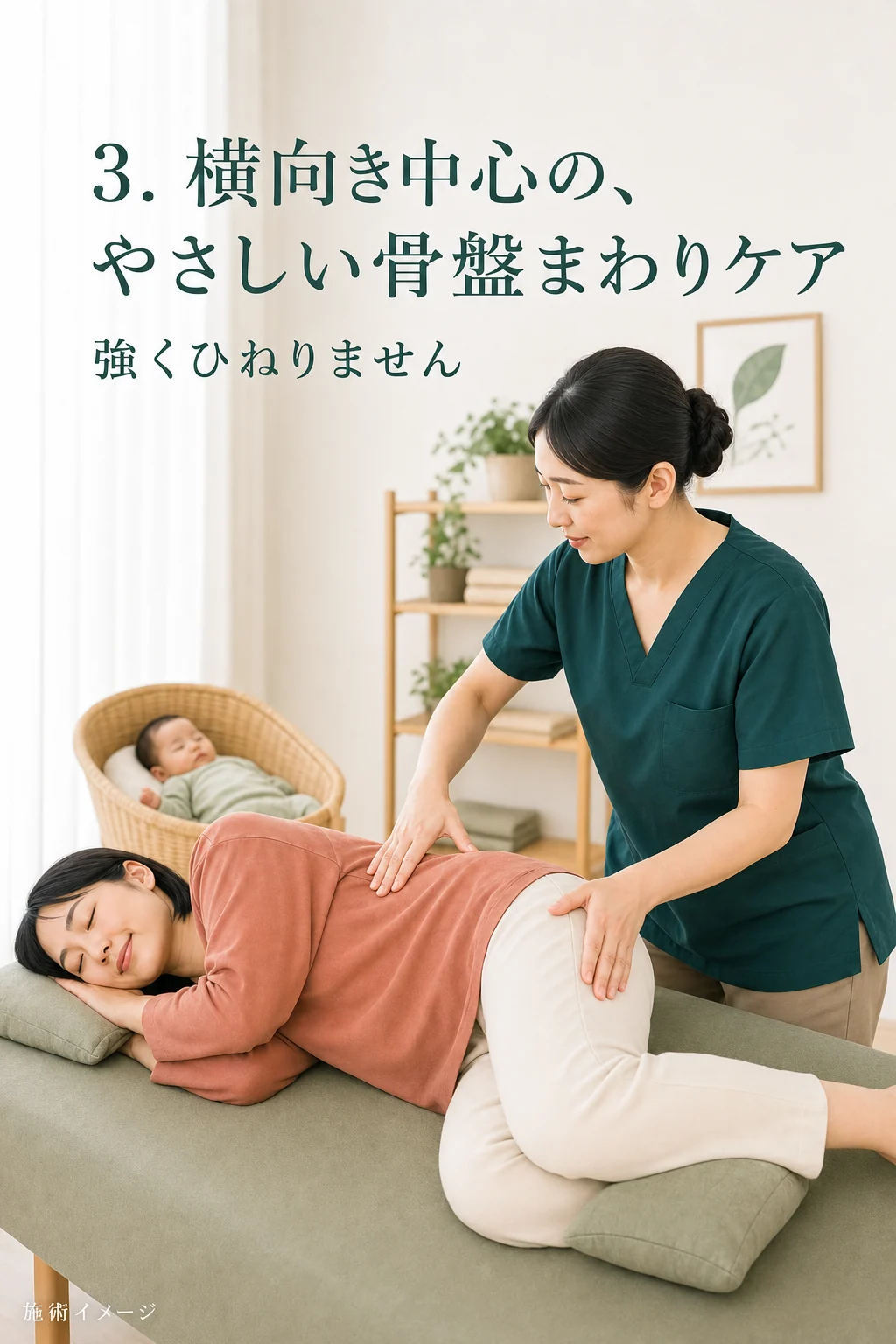 横向きで受けるやさしい骨盤まわりケアの施術イメージ