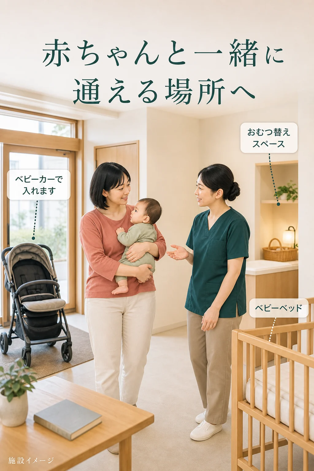 赤ちゃんと一緒に過ごせる明るいキッズスペースのイメージ