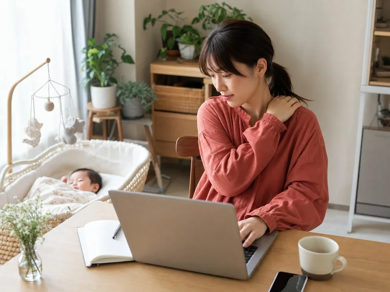 赤ちゃんのそばで仕事復帰の準備をする日本人の母親の生活場面イメージ