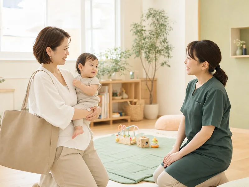 赤ちゃんと一緒に明るい産後ケア院を訪れる日本人の母親の生活場面イメージ