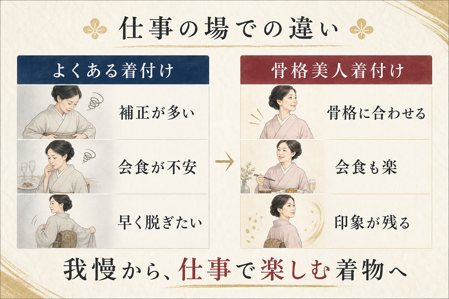 仕事の場での着付けの違い