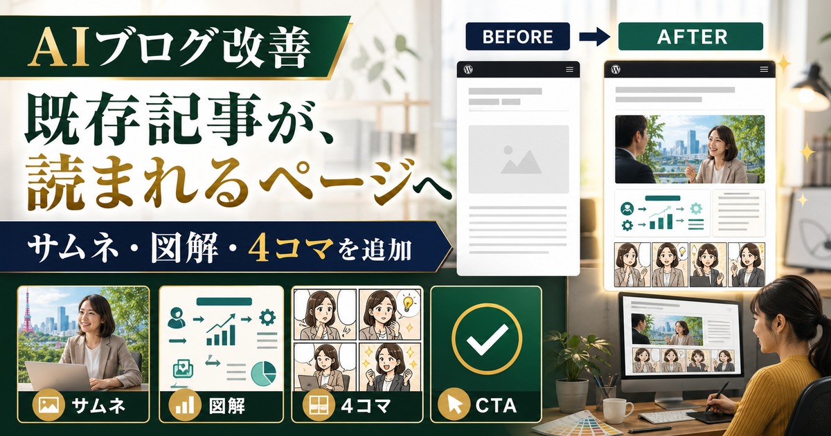 AIブログ改善。既存記事にサムネ・図解・4コマを追加して読まれるページへ変えるサムネイル