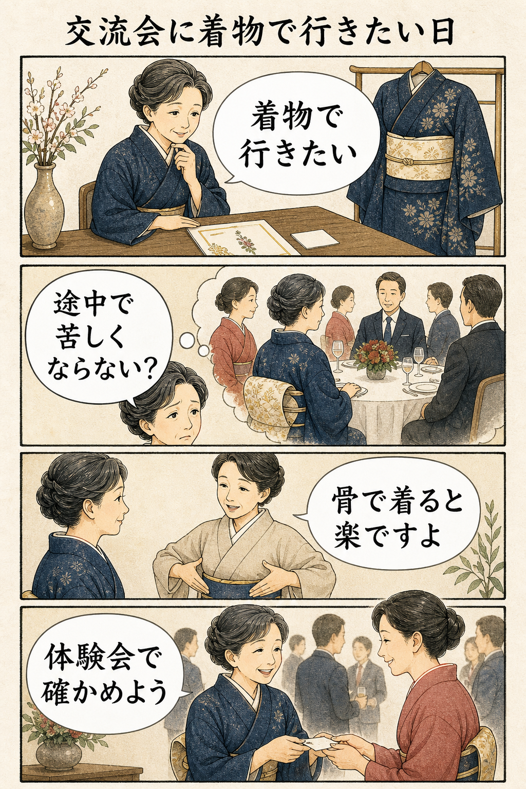 交流会に着物で行きたい日の4コマ漫画