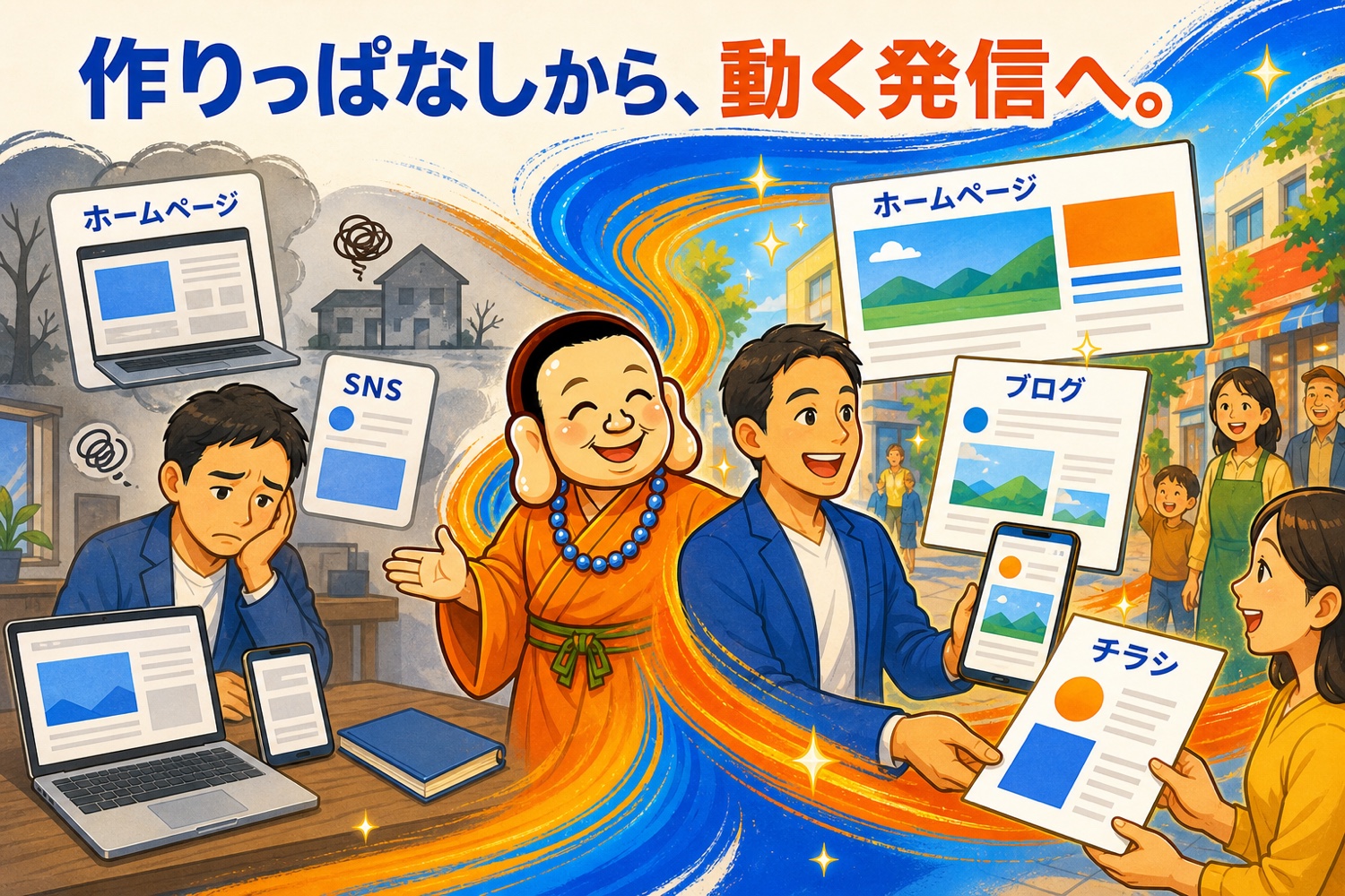 更新が止まったホームページから、ブログ・SNS・チラシが動き出すまでを描いた図解