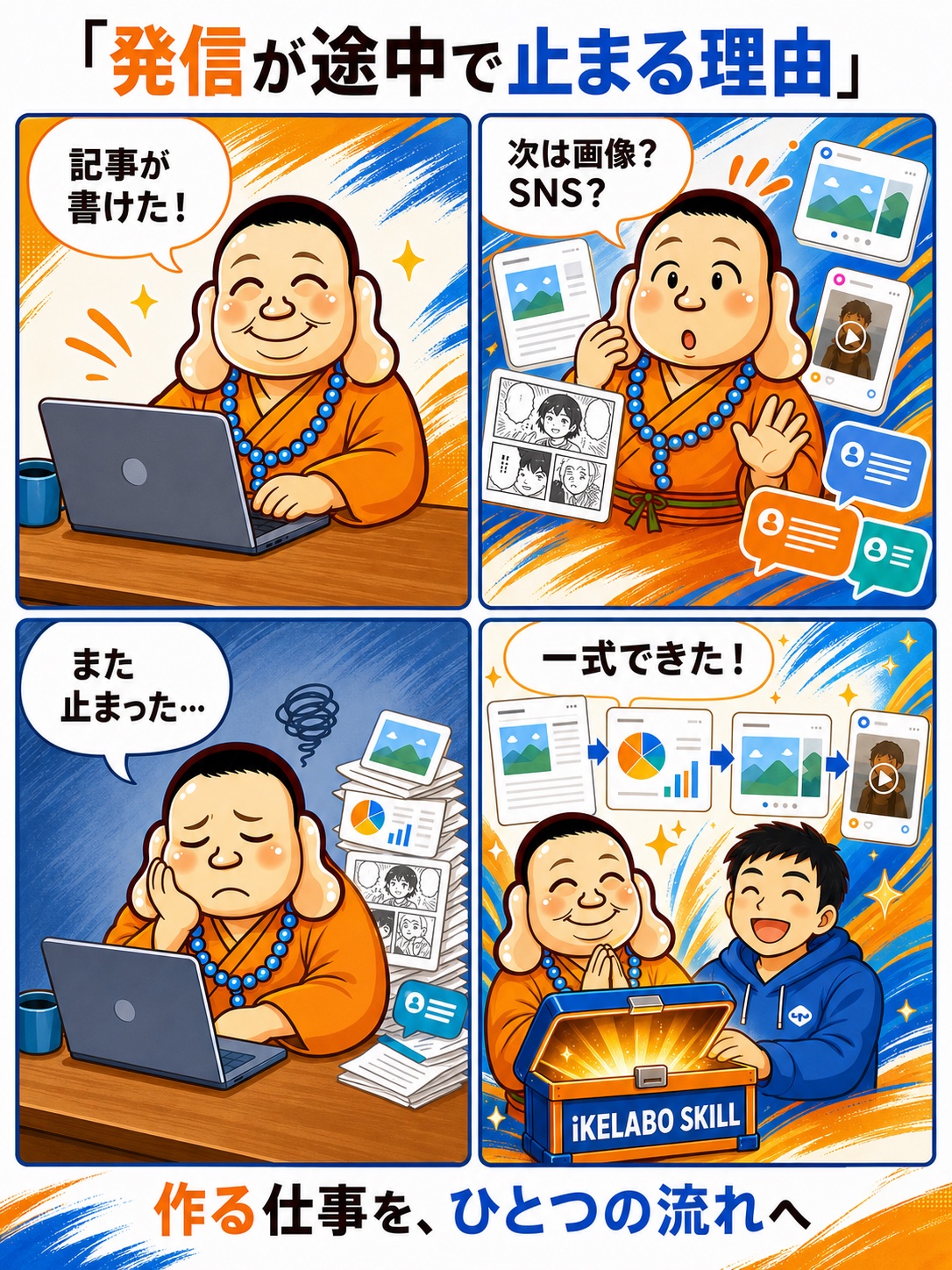 記事を書いた後、画像やSNSの準備で発信が止まってしまう4コマ