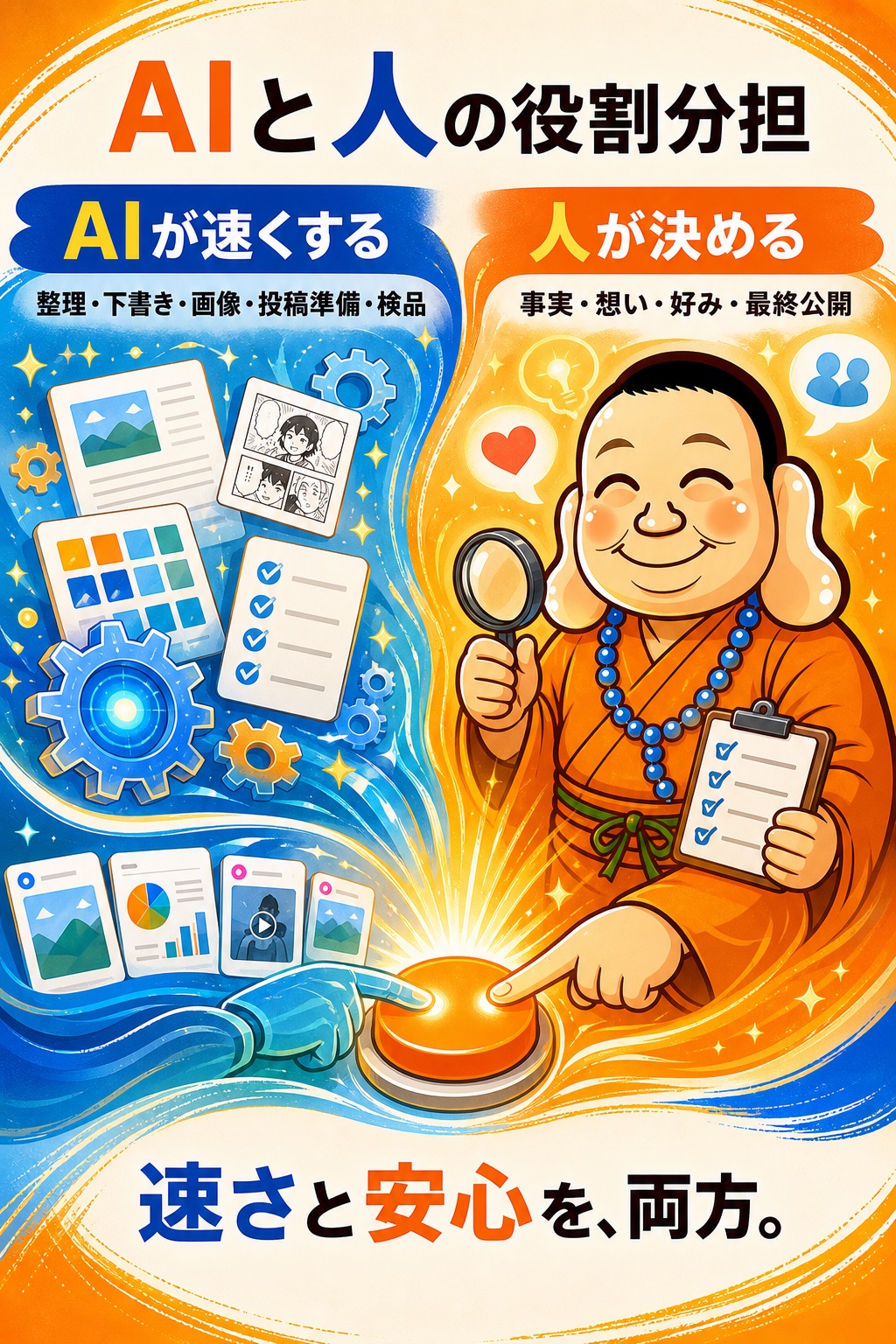 AIが整理・下書き・画像・投稿準備・検品を進め、人が事実・想い・好み・最終公開を決める役割分担