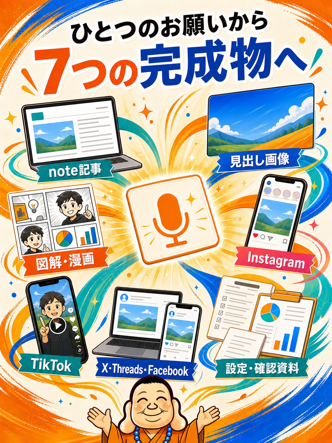 ひとつのお願いからnote記事、見出し画像、図解や漫画、Instagram、TikTok、X・Threads・Facebook、確認資料が生まれる図解